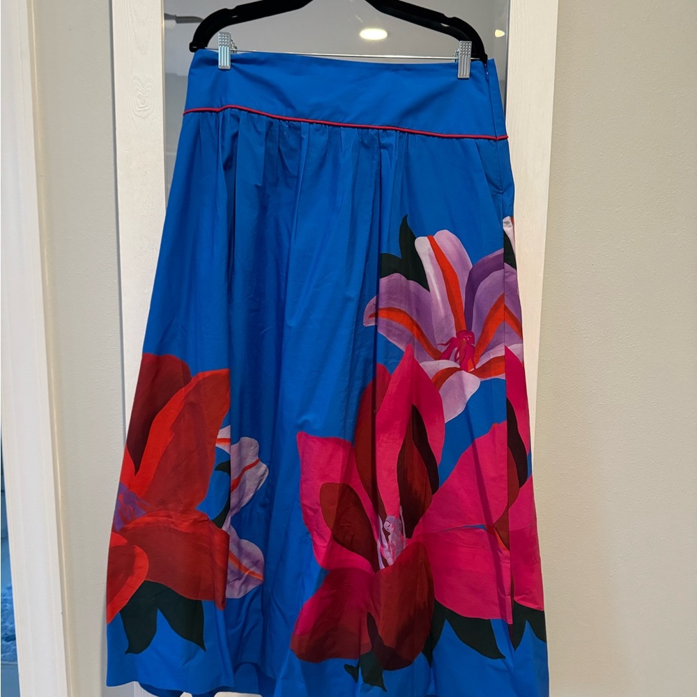 FARM Rio Blue A-Line Skirt with Floral Design